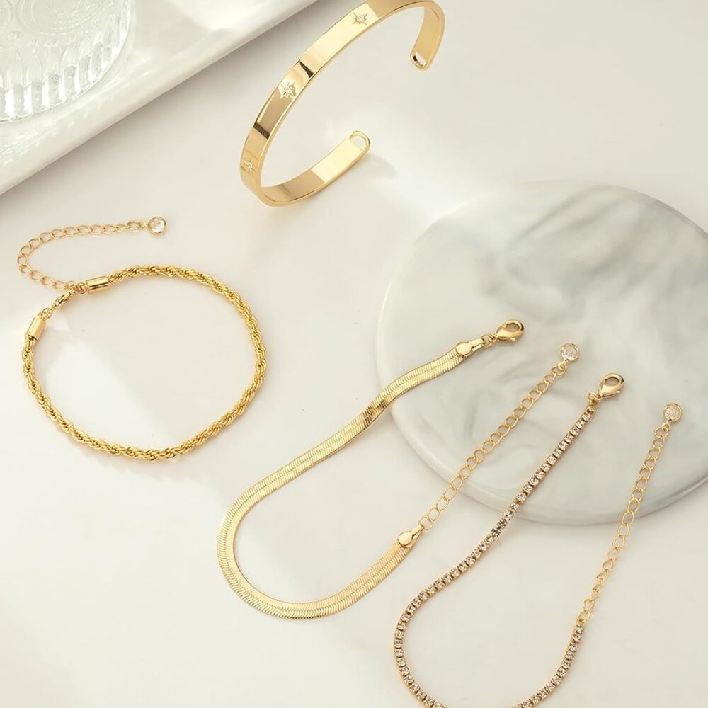 14k Gold Plated Stackable Bracelets Set - Adjusta… - image 5